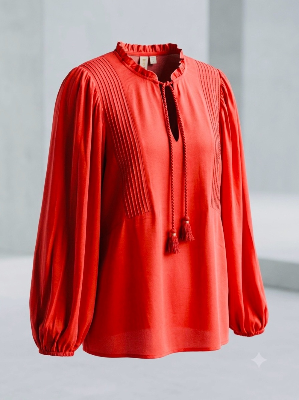 Anthropologie DOLAN Red Peasant Blouse Size Medium Boho Tassel Tie Neck